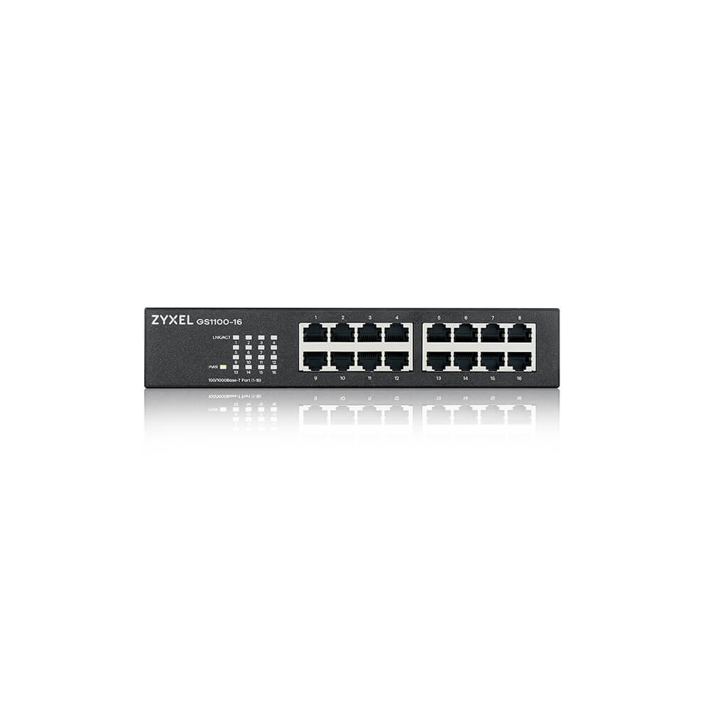 Zyxel GS1100-16 Unmanaged Gigabit Switch, 16x RJ45 10/100/1000, Fanless, Rack-Einbau, 32 Gbit/s, 8000 MAC-Adressen