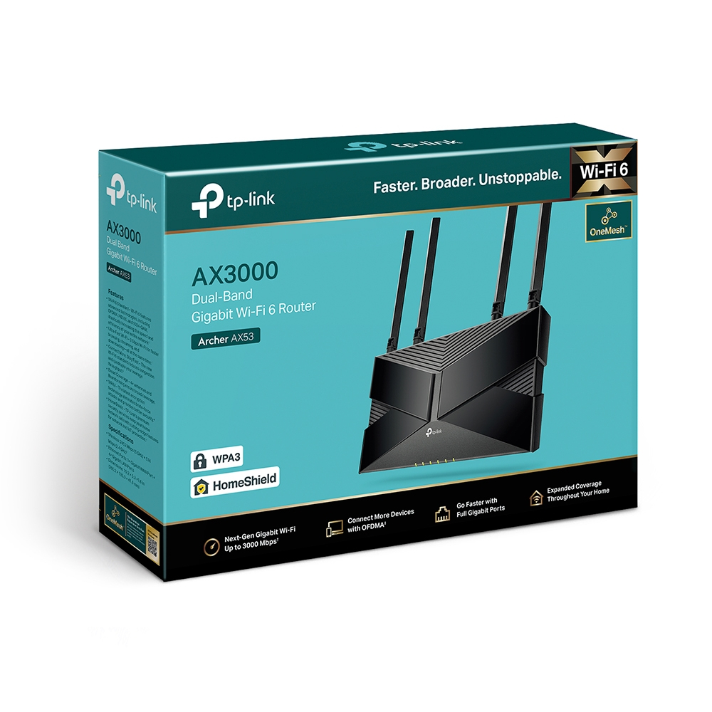 TP-Link Archer AX53 AX3000 Dual-Band Gigabit Wi‑Fi 6 Router, 2402 Mbit/s, 4x Gigabit LAN, Beamforming, OneMesh, WPA3, EU V1.0