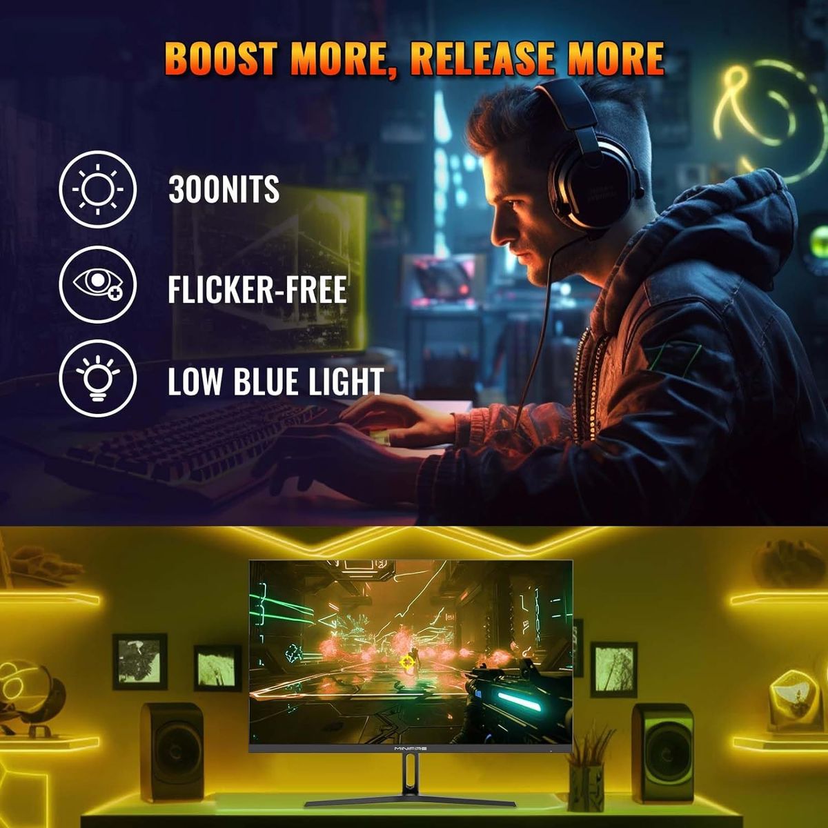 Minifire Gaming Monitor 27 Zoll, 180Hz, 1ms, AdaptiveSync, IPS, 2xHDMI 2.0/1xDP 1.4 Ports, FHD, sRGB 110%