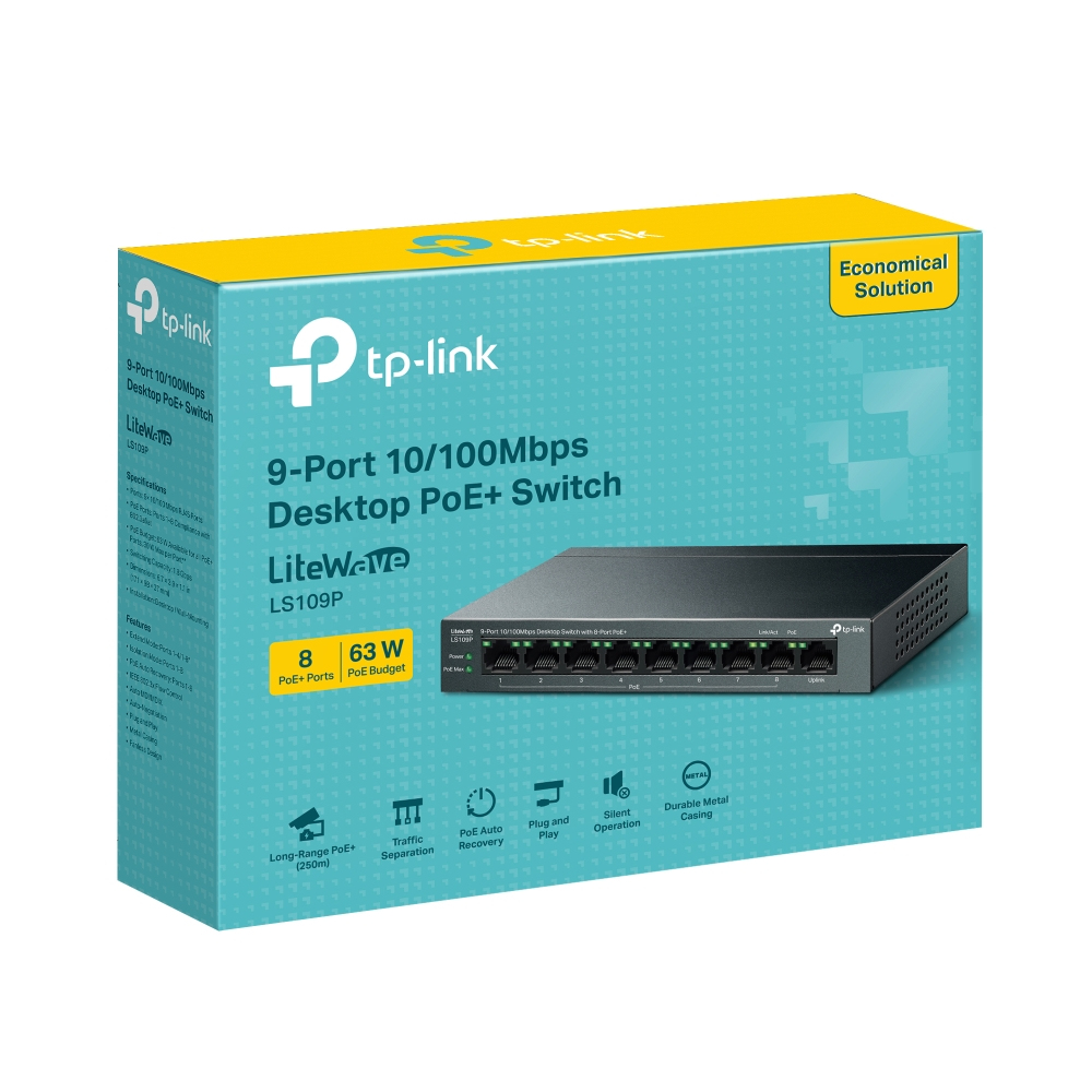 TP-Link LiteWave LS109P 9-Port Unmanaged Fast Ethernet Switch, 8x PoE+ (30W), DC-Netzteil, EU Stecker, Schwarz