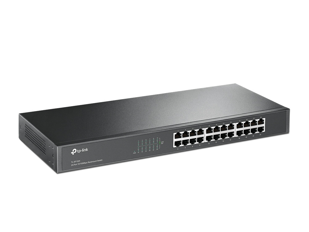 TP-Link TL-SF1024(UN) V10.0 24-Port 10/100 Mbit/s Rackmount-Switch, Unmanaged, 1U, AC-Netzteil, Metallgehäuse, Grau, EU