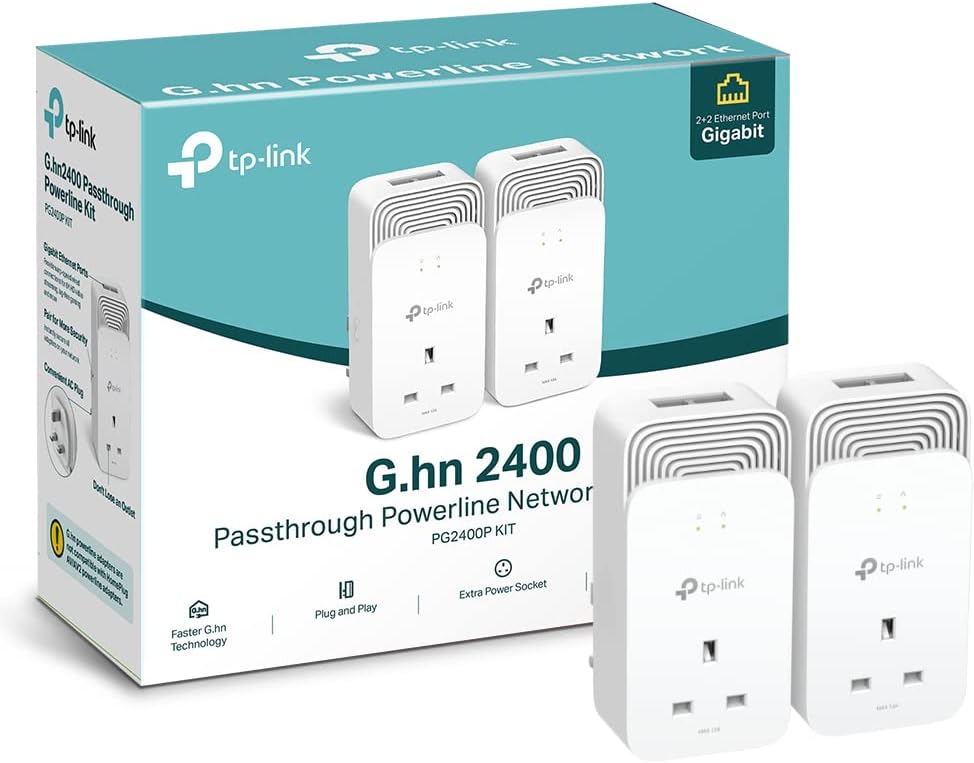 TP-Link PG2400P KIT Powerline-Adapter mit Durchgangssteckdose Typ G (UK), 1428 Mbit/s, 300 m Reichweite, Weiß, 2er-Pack