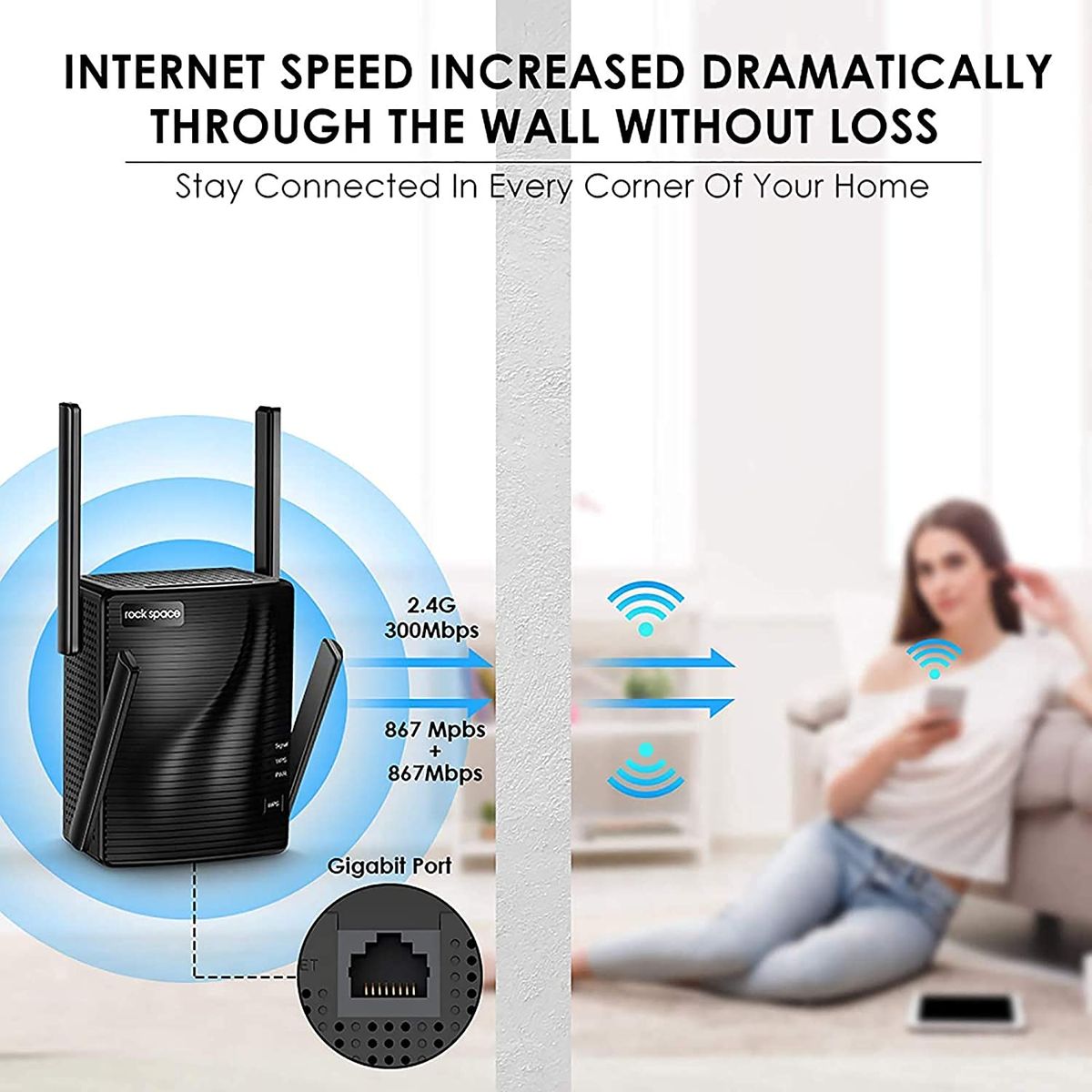 rockspace Wi-Fi Extender 2100 Mbit s Wi-Fi Range Extender Dual Band Internet Amplifier Extended Coverage up to 2640 sq. ft. Gigabit Port Wi-Fi Repeater Multiple Device Support Internet Repeater AP Mode