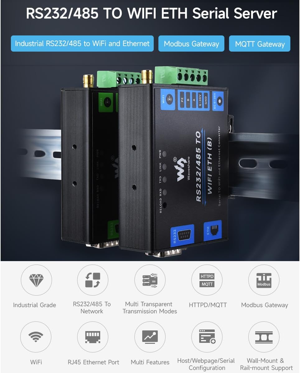 Waveshare RS232/485 Serieller Konverter zu WiFi & RJ45 Ethernet, RS232/RS485 serieller Server, Modbus-Gateway, MQTT-Gateway, industrietauglich