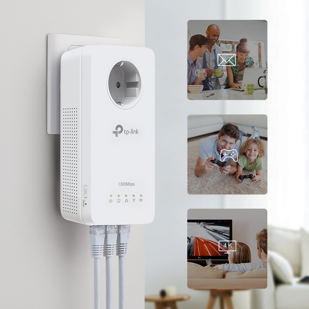 TP-Link TL-WPA1300P KIT V4.0 AV1300/AC1200 Powerline-Kit mit Steckdose, WLAN (Wi‑Fi 5/802.11ac), 3x Gigabit LAN, MIMO, Weiß