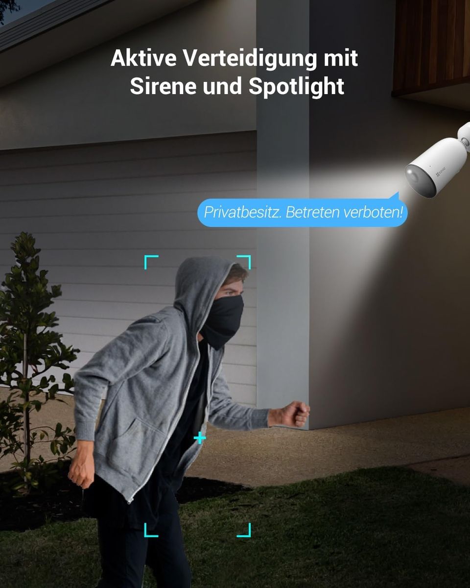 EZVIZ CB3FHDSolarPanel 2K Akku-Außenkamera mit Solarpanel, WLAN 6, 5200 mAh, KI Personen-/Fahrzeugerkennung, Farbnachtsicht, 2-Wege-Audio, Weiß