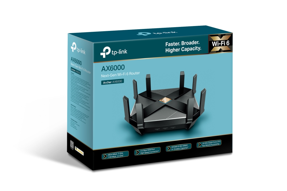 TP-Link Archer AX6000 Wi-Fi 6 WLAN Router (4804 Mbit/s 5 GHz, 1148 Mbit/s 2,4 GHz, 8 × Gigabit LAN-Ports, 2 × USB 3.0 auf Type A undType C, HomeCare, Schnellinstallation), schwarz