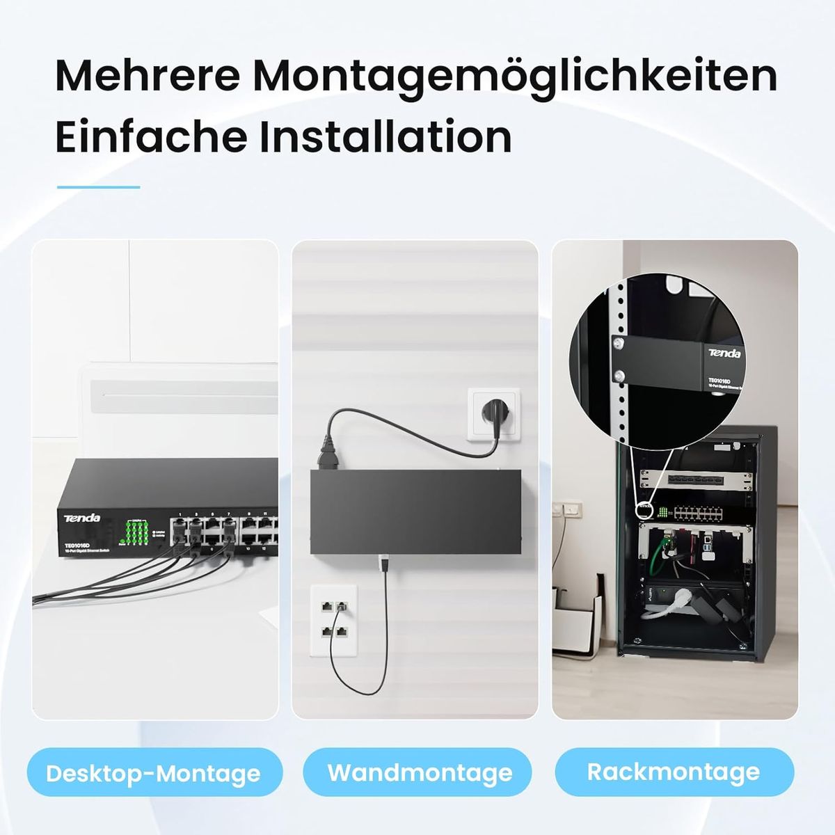 Tenda TEG1016D 16-Port Gigabit Switch, 16x RJ45, Unmanaged Plug-and-Play, Lüfterlos, Metallgehäuse, 19 Zoll Rackmontage, 6 kV Blitzschutz, 1U, Schwarz