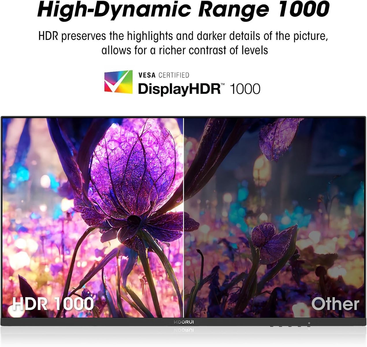 KOORUI Gaming Monitor 27 Zoll, PC Bildschirm QHD(2560 * 1440), 240Hz, VA Mini LED, 1ms, Adaptive Sync, 2xHDMI 2.0 & DPort 1.4, HDR 1000, DCI-P3 95%, VESA 75 * 75mm, Eye Care, Höhenverstellbar