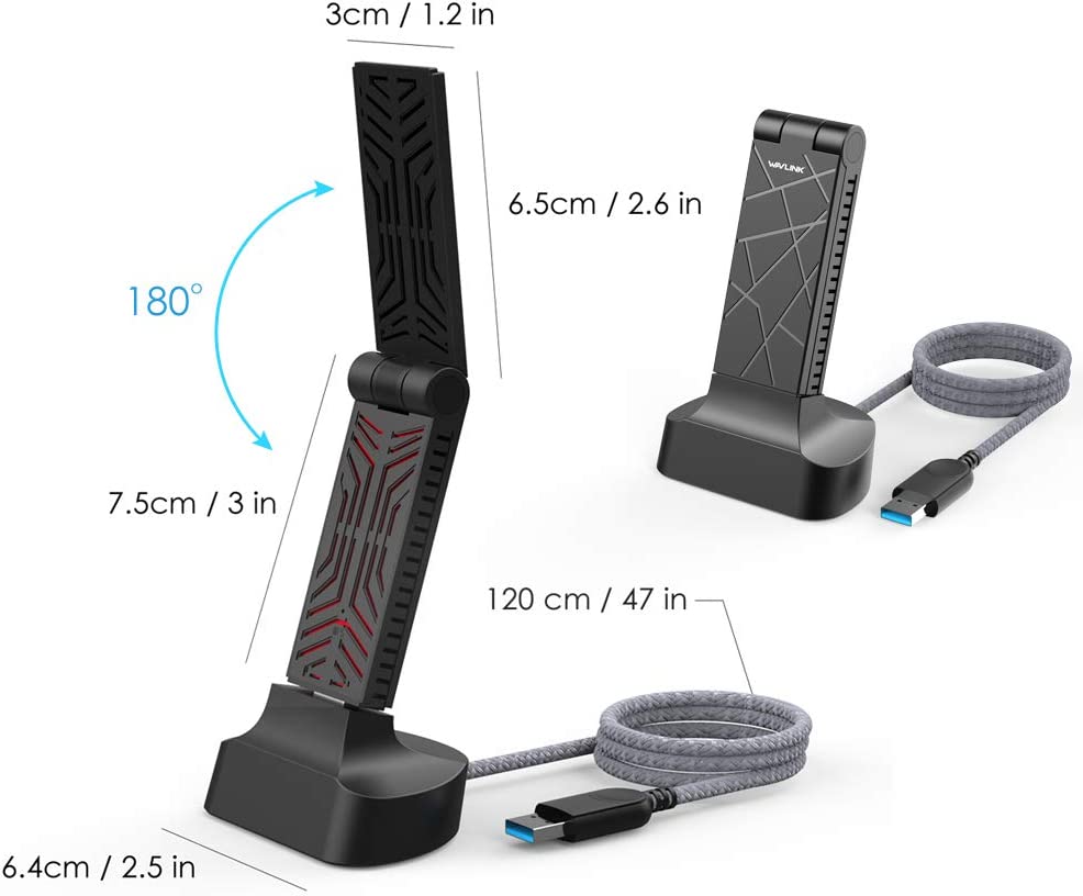 WAVLINK AC1900 USB 3.0 WiFi Dongle Adapter for PC, High Gain Wireless Adapter with 120 cm Cable for PC/Desktop/Tablet/Laptop, Internet Dongle Supports Windows and Mac OS