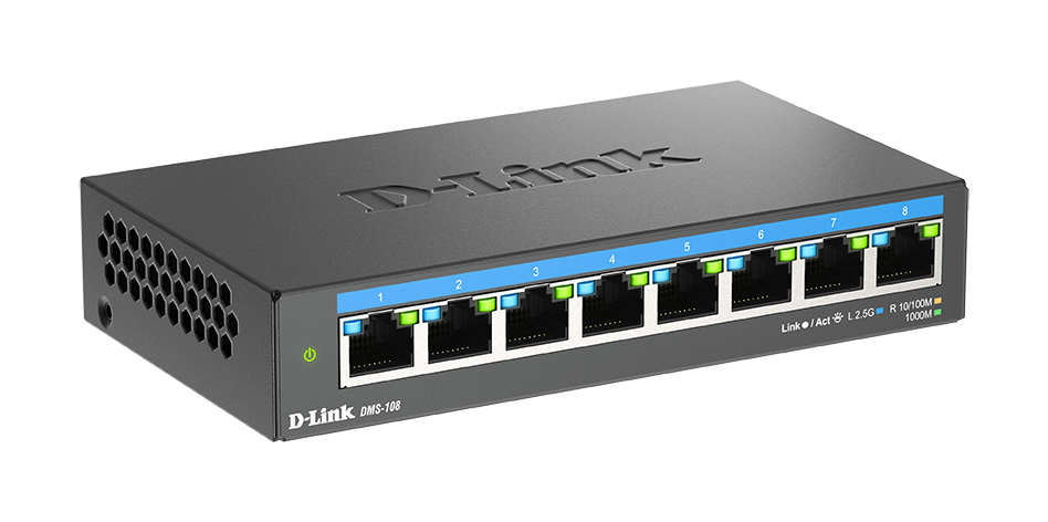 D-Link DMS-108/B Unmanaged 8-Port 2.5G Ethernet Switch, 8x RJ-45 (100/1000/2500), 40 Gbit/s Switching, MAC 4000, AC-Netzteil