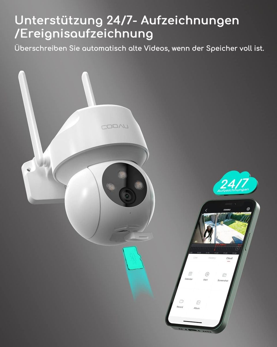 COOAU 2K Überwachungskamera Aussen,PTZ WLAN Kamera Outdoor IP WiFi Kamera Überwachung Außen mit Automatische Menschliche Verfolgung,24/7 Aufnahme,Nachtsicht in Farbe,IP66, SD-Karte/Cloud-Speicher 1 Stück