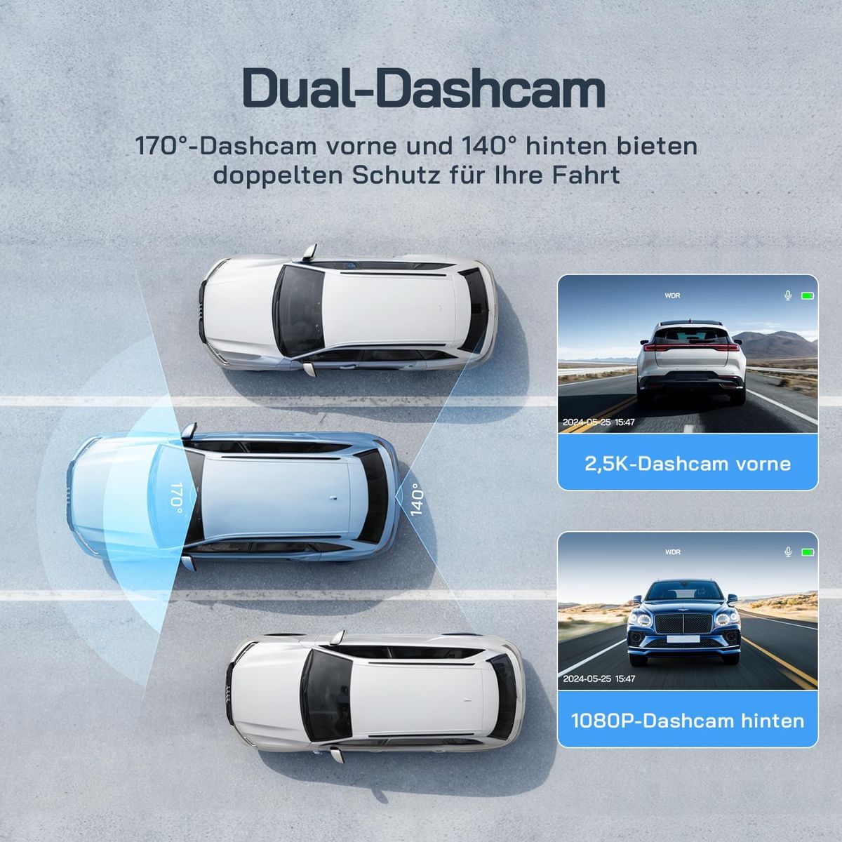 WOLFANG WD02 Dashcam für Auto Front+Rear 2,5K vorne, 1080P hinten, Ultra-Nachtsicht, 170° Weitwinkel, WDR, Parkmodus, G-Sensor, Loop-Aufnahme, 32GB SD-Karte