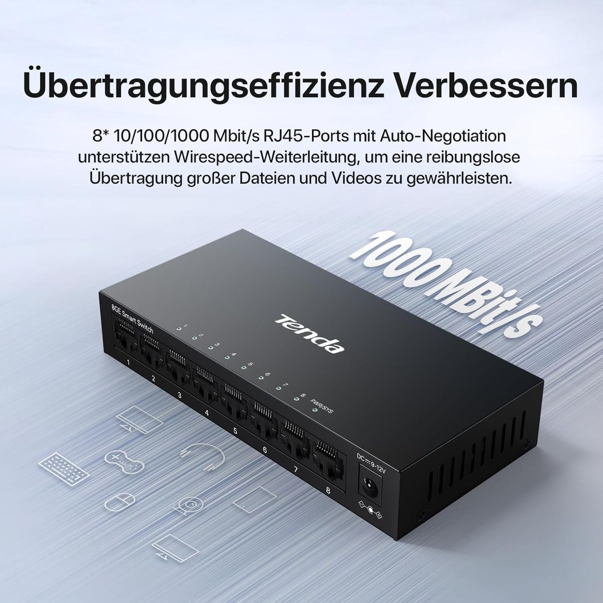 Tenda TEG208E Managed Switch 8 Port Gigabit LAN Switch (IGMP-Snooping, QoS, VLAN, DHCP- Snooping, LAG, MAC Address Binding, Lüfterlos, Energieeffizient, Metall) Netzwerk Switch LAN Verteiler Managed Switch 8 Ports