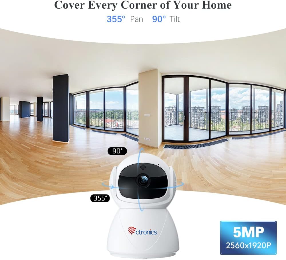 ctronics 5MP PTZ Überwachungskamera Innen WLAN, 2,4GHz/5GHz Dualband WiFi IP Kamera Indoor mit 355°/90° Schwenkbar, Bewegungs-/Menschenerkennung, Automatische Verfolgung, IR Nachtsicht, 2-Wege-Audio Weiß