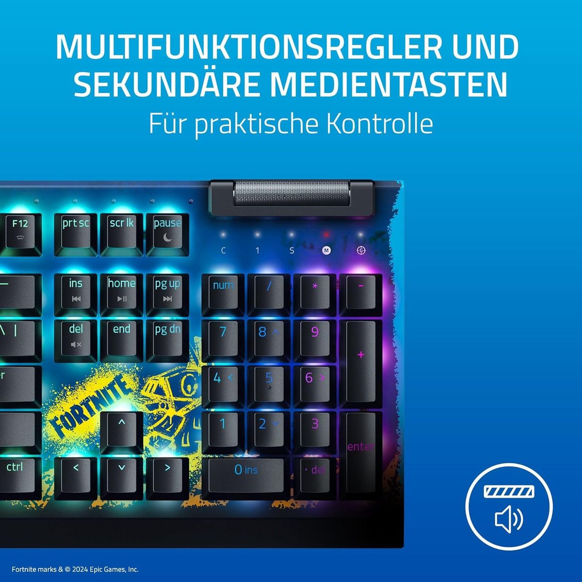 Razer BlackWidow V4 X Fortnite Edition - Mechanische Gaming-Tastatur - Razer Snap Tap (Yellow Switches, 6 eigene Makro-Tasten, Doubleshot-ABS-Tastenkappen, Chroma RGB) - (DEU Layout - QWERTZ)