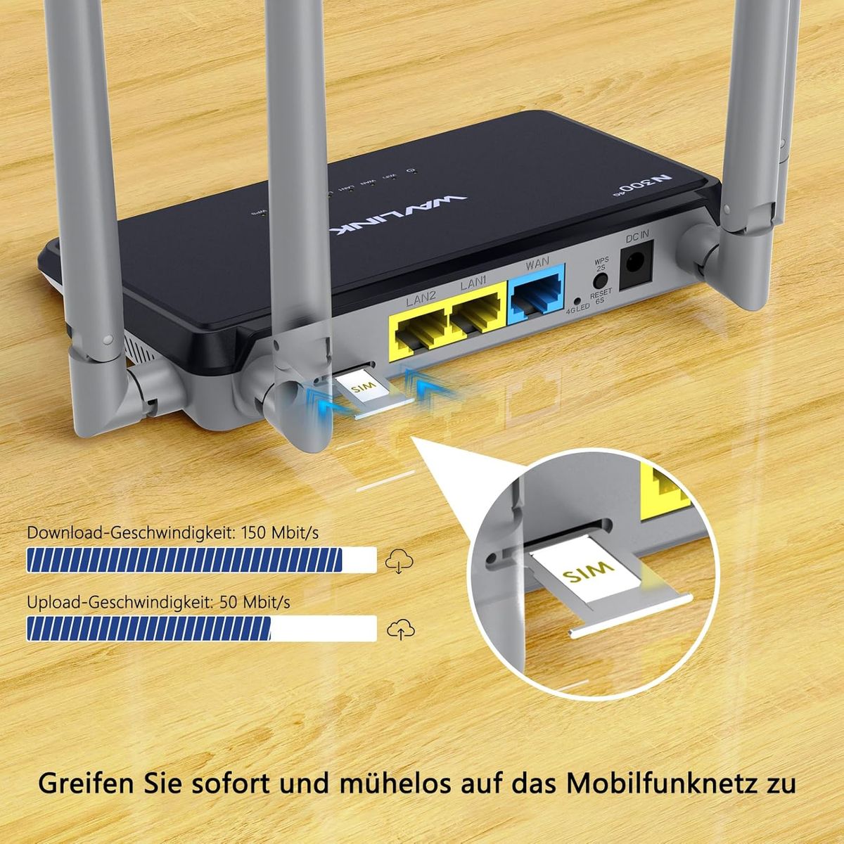 WAVLINK WL-WN529E4 4G LTE Mobilfunk-Router mit SIM-Kartensteckplatz, 300 Mbit/s WLAN 2,4 GHz, 3x Ethernet-Ports, WPS, EU Stecker