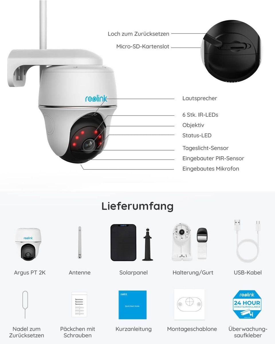 Reolink 2K 4MP PTZ Solar Überwachungskamera Aussen Akku, 360°/140° Pan Tilt WLAN IP Kamera Outdoor mit 2,4/5GHz WiFi, Personen-/Autoerkennung, PIR-Bewegungsmelder, 2-Wege-Audio, Argus PT+Solarpanel