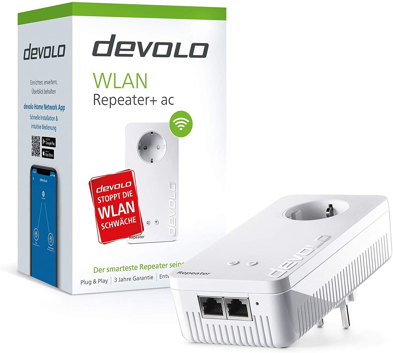 Devolo WLAN Repeater+ ac: WiFi-Verstärker Steckdose schnelleres Internet dank Dual-WiFi kompatibel allen Routern 1200 Mbit/s 2x LAN-Ports AP-Modus Access Point