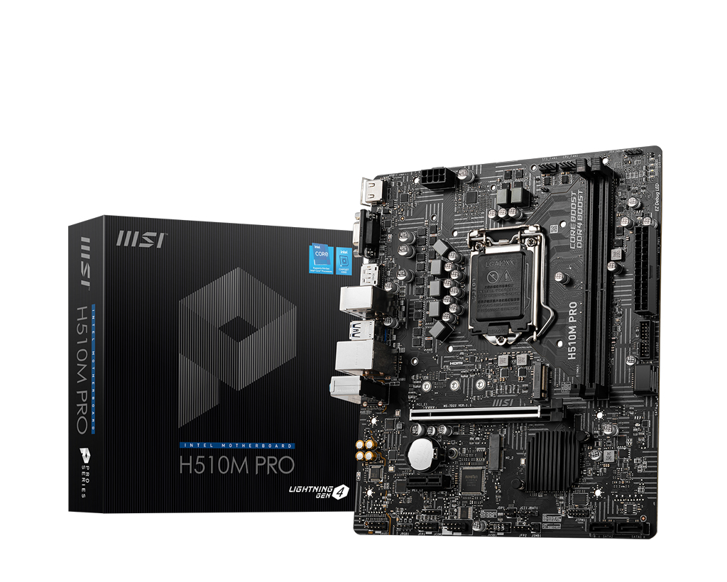 MSI H510M PRO Mainboard, Micro-ATX - unterstützt Intel Core Prozessoren der 11. Generation, LGA 1200 - 2 x DIMMs (3200MHz), 1 x PCIe 4.0 x16, 1 x M.2 Gen3, USB 3.2 Gen1, 1G LAN, HDMI 2.0b & DP 1.4