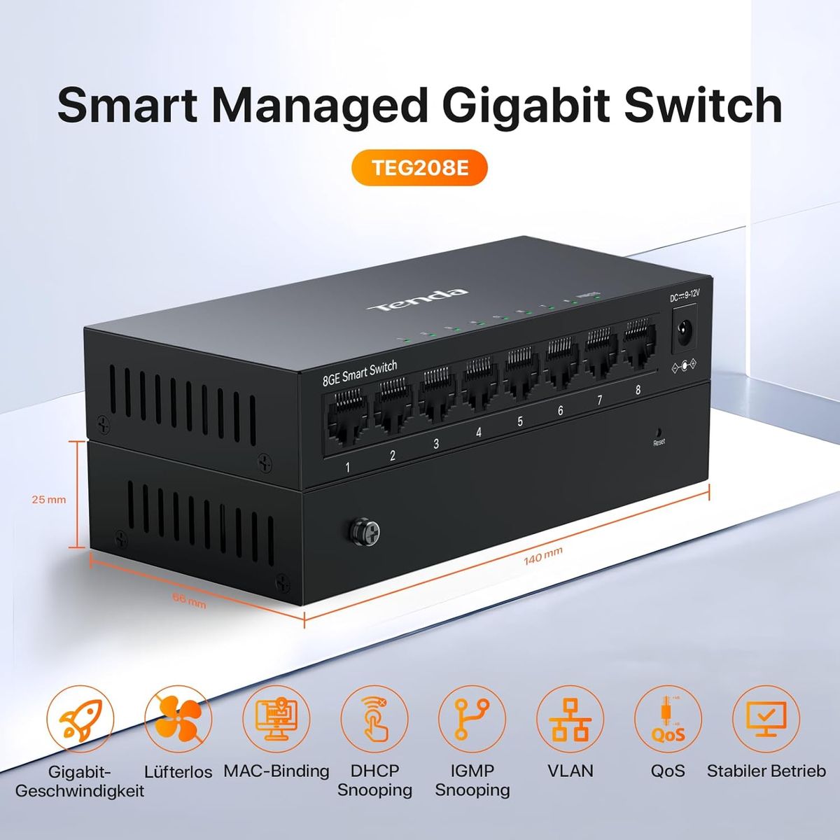 Tenda TEG208E Managed Switch 8 Port Gigabit LAN Switch (IGMP-Snooping, QoS, VLAN, DHCP- Snooping, LAG, MAC Address Binding, Lüfterlos, Energieeffizient, Metall) Netzwerk Switch LAN Verteiler Managed Switch 8 Ports