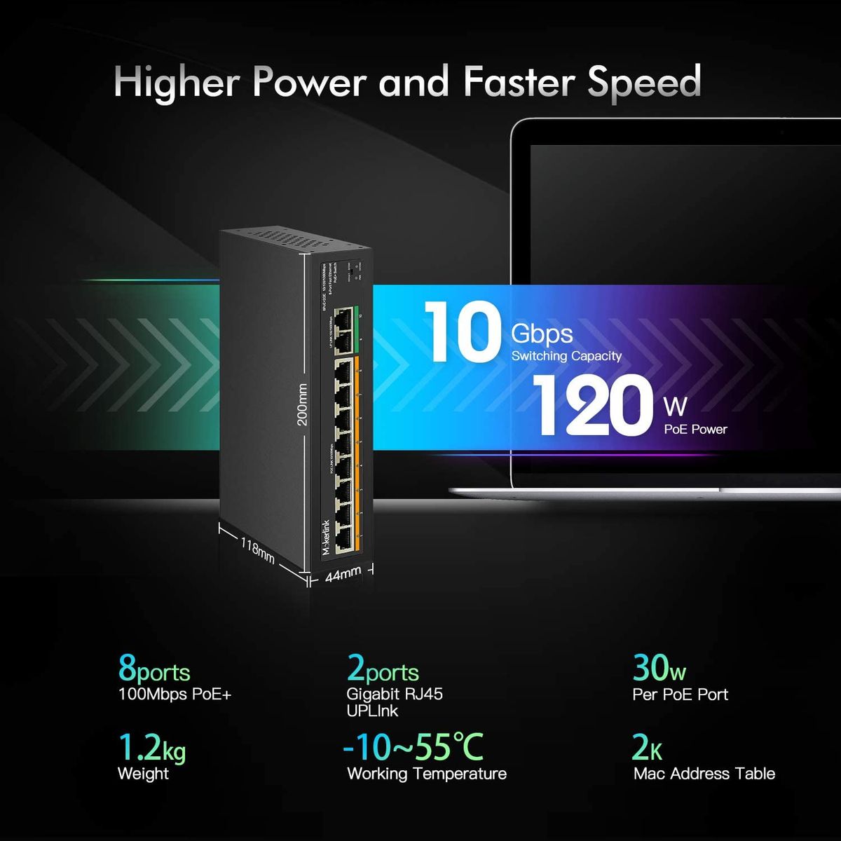 MokerLink 8 Port PoE Switch mit 2 Gigabit Uplink Port, PoE Plus 802.3af/at, 120W eingebauter Leistung, Erweiterung auf 250 Meter, Plug & Play aus Metall 8 PoE + 2 GE