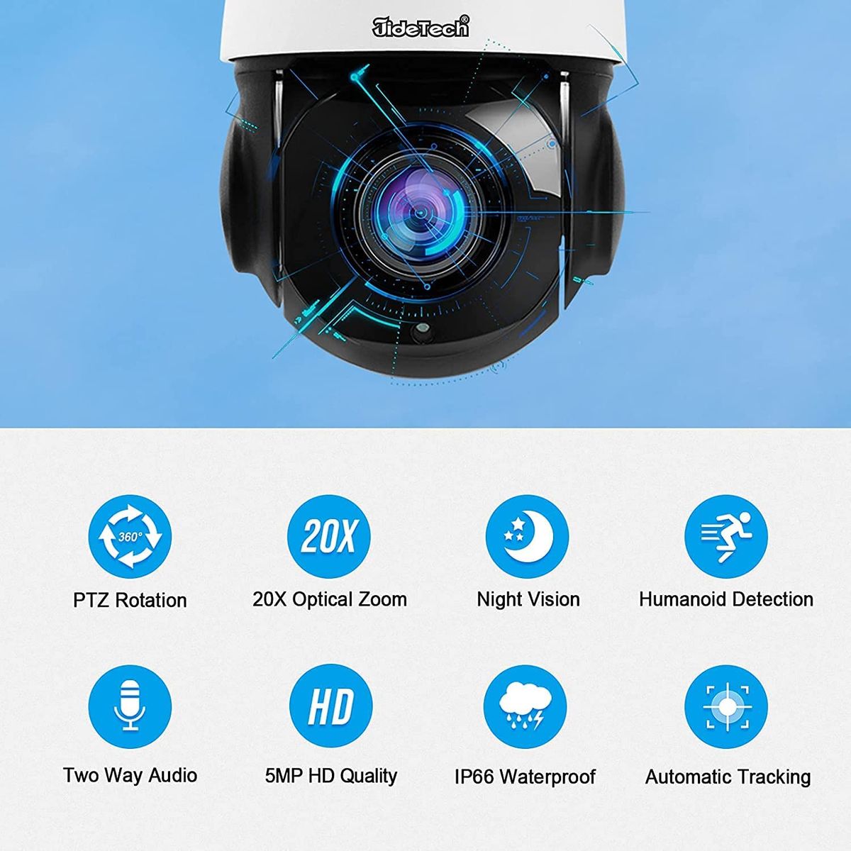 JideTech 5MP PTZ Wi-Fi Überwachungskamera Aussen 360° Dome Auto Tracking IP Kamera,20x optischer Zoom,Eingebautes Zwei Wege Audio,Humanoide Bewegungserkennung 70M IR Nachtsicht Eingebauter SD-Kartenschlitz Single