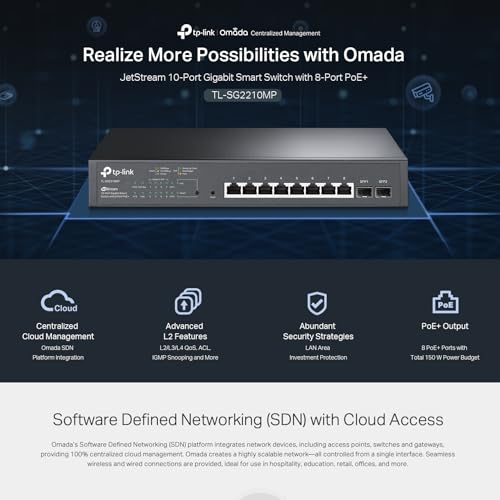 TP-Link Omada TL-SG2210MP(UN) V5.0 Managed L2/L2+ Switch, 8x Gigabit PoE+ 150W, 2x SFP, 1U Rack, Schwarz