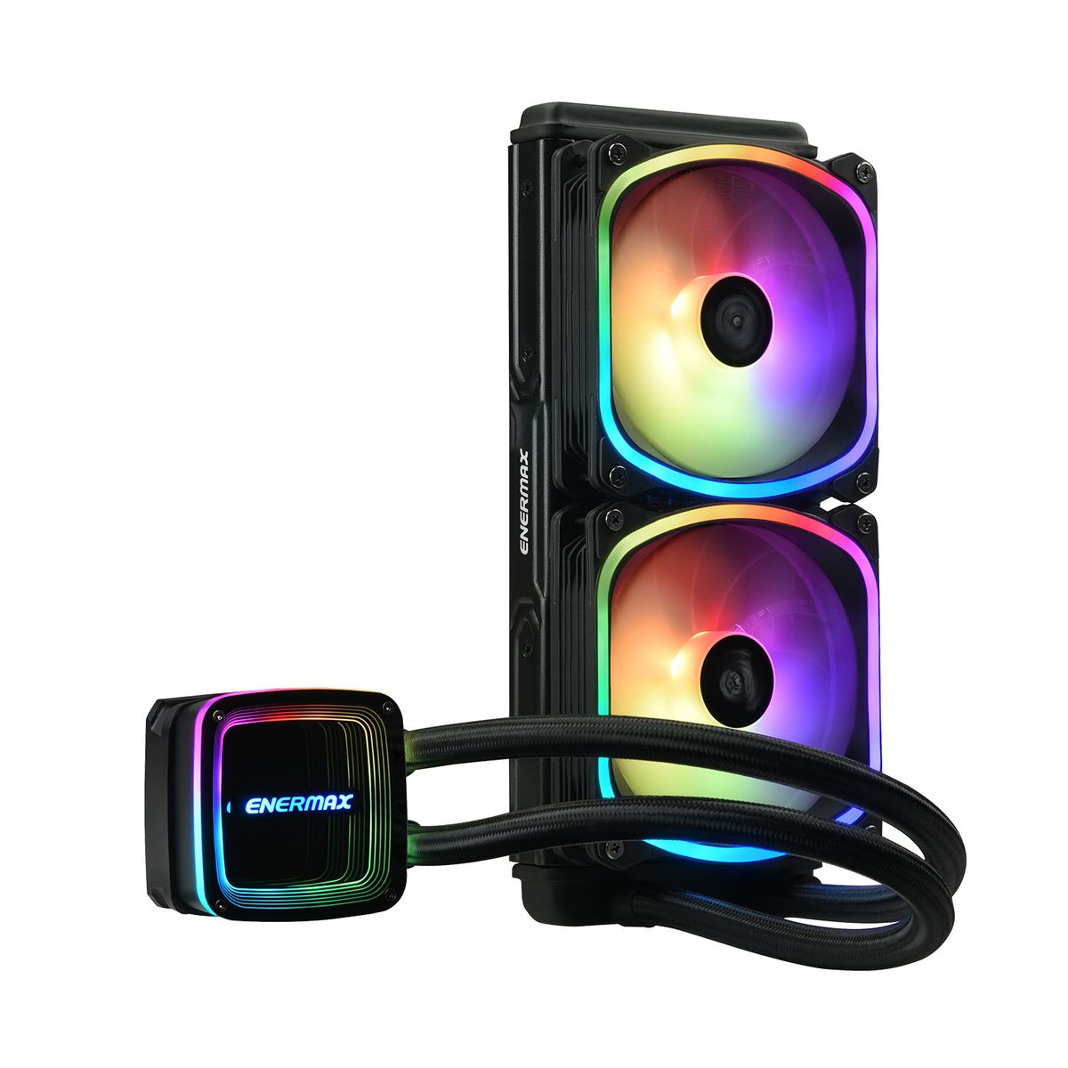 Enermax ELC-AQFA240-SQA AIO Flüssigkeitskühlung 240 mm, 2x 120 mm Lüfter, RGB, PWM, 360 W TDP, Schwarz, kompatibel mit LGA1700/AM5