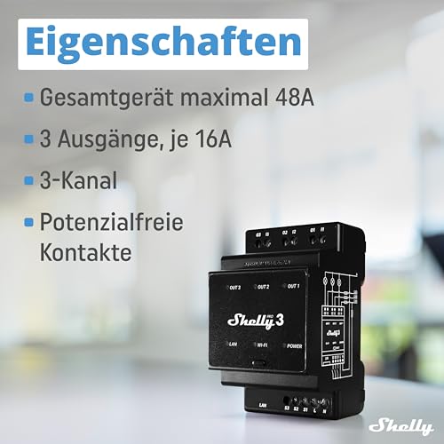 Shelly Pro 3 3-Kanal 3-Phasen DIN-Schienen-Relais, 48 A (16 A/Kanal), WLAN & LAN, iOS & Android App, Alexa & Google Home, Hausautomation, Licht- & Motorsteuerung