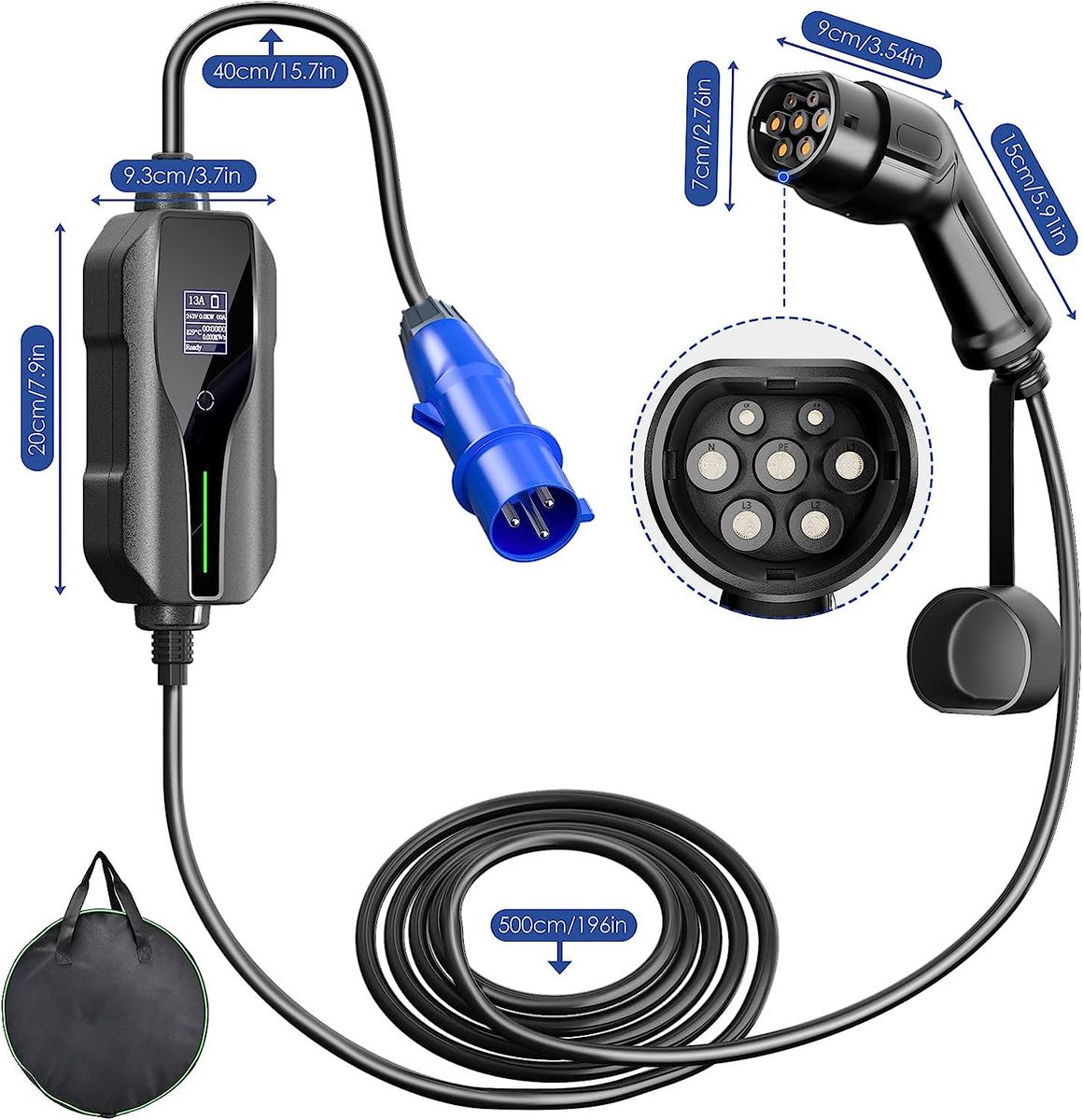 TTLIFE Tragbares Typ 2 EV Ladegerät für CEE Stecker,Ladegerät für Elektrofahrzeug-Ladekabel,10A/16A/20A/24A/32A Schaltbare mit Digitalanzeige,7,2KW, IEC 62196-2, 5 Meter Mit Aufbewahrungstasche