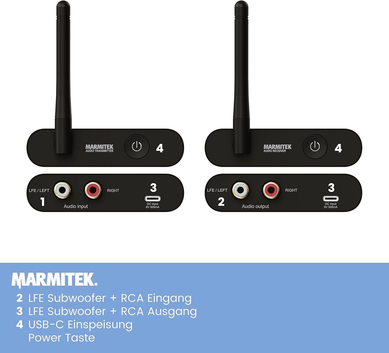 Marmitek WS400 Funk-Subwoofer Transmitter & Receiver, Kabellose Subwoofer-Übertragung (LFE), 3,5mm Klinke/RCA, Plug & Play, EU