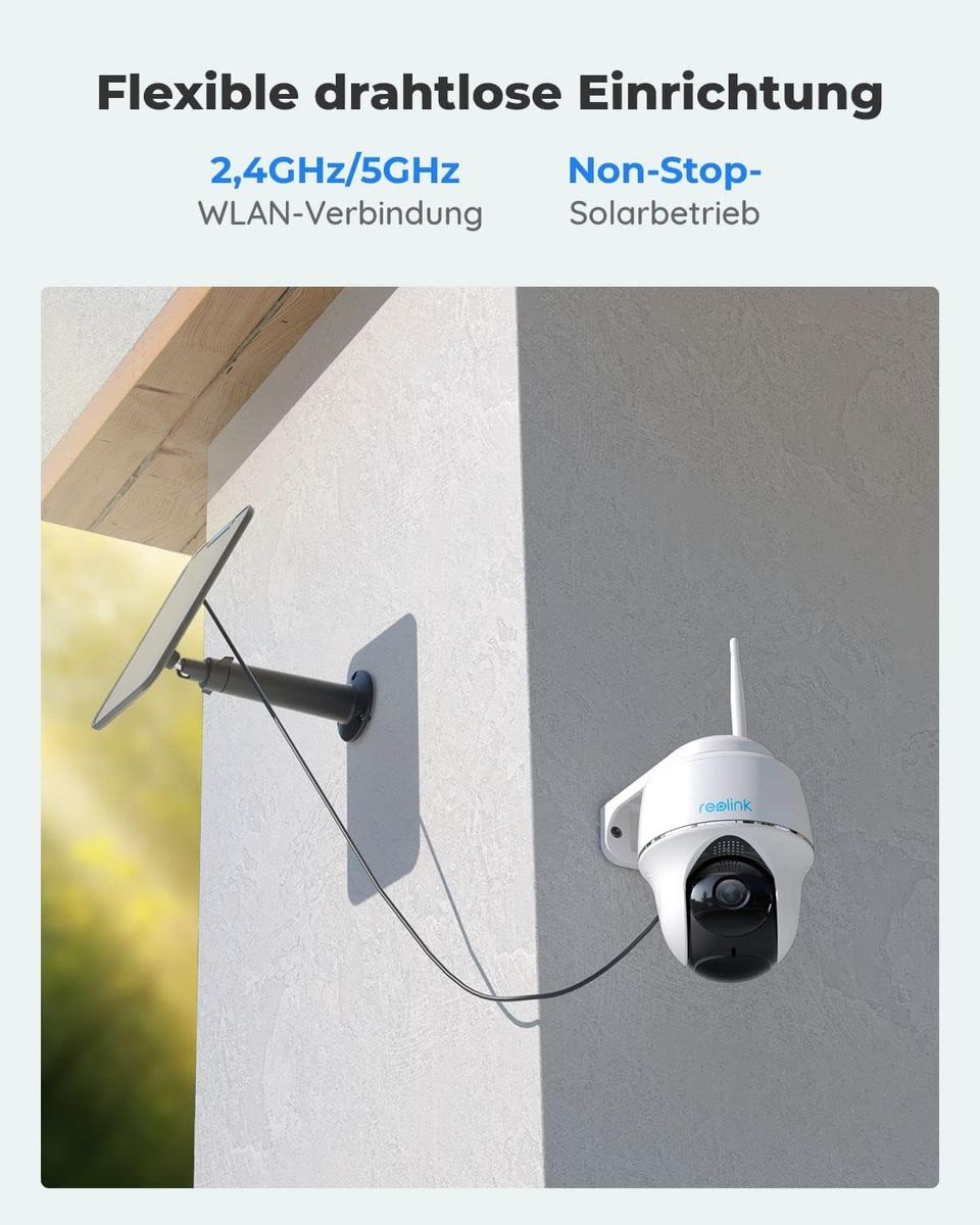 Reolink 2K 4MP PTZ Solar Überwachungskamera Aussen Akku, 360°/140° Pan Tilt WLAN IP Kamera Outdoor mit 2,4/5GHz WiFi, Personen-/Autoerkennung, PIR-Bewegungsmelder, 2-Wege-Audio, Argus PT+Solarpanel