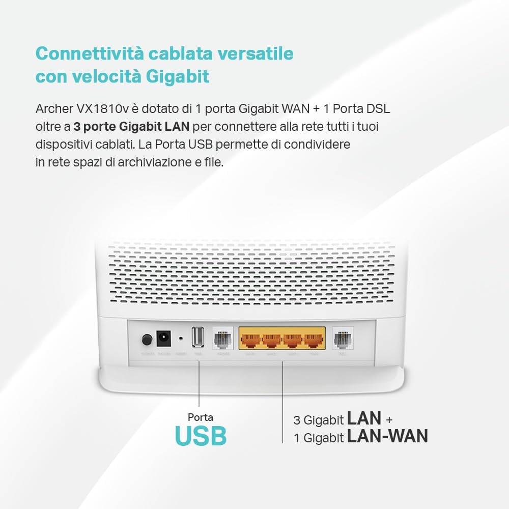 TP-Link Archer VX1810v Modem Router VDSL/ADSL, AX1800Mbps Dual Band WiFi 6, Profilo VDSL2 35b, VoIP, 4 Porte Gigabit, Porta DSL, FXS, Compatibile con VDSL2/ADSL2+/ADSL2/ADSL, Porta USB AX1800 Wi-Fi 6
