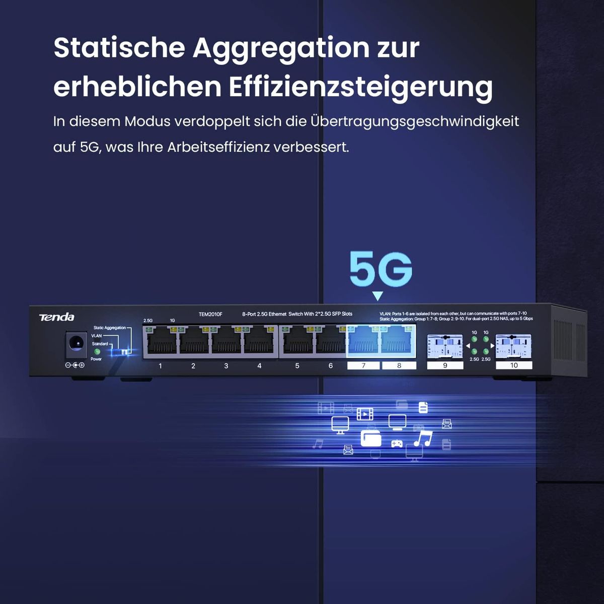 Tenda Switch 8 Port 2.5 Gigabit LAN Switch mit 2 SFP-Ports (VLAN, Statische Aggregation, Unmanaged, Plug-and-Play, Desktop-/Wandmontage, Metallgehäuse) (TEM2010F)