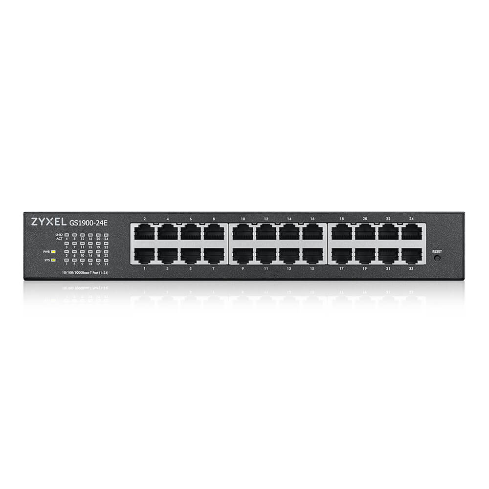 Zyxel GS1900-24E-EU0103F Managed L2 24-Port Gigabit Switch, 1U Rack, 24x RJ45 (10/100/1000), AC-Netzteil, 48 Gbit/s, Schwarz