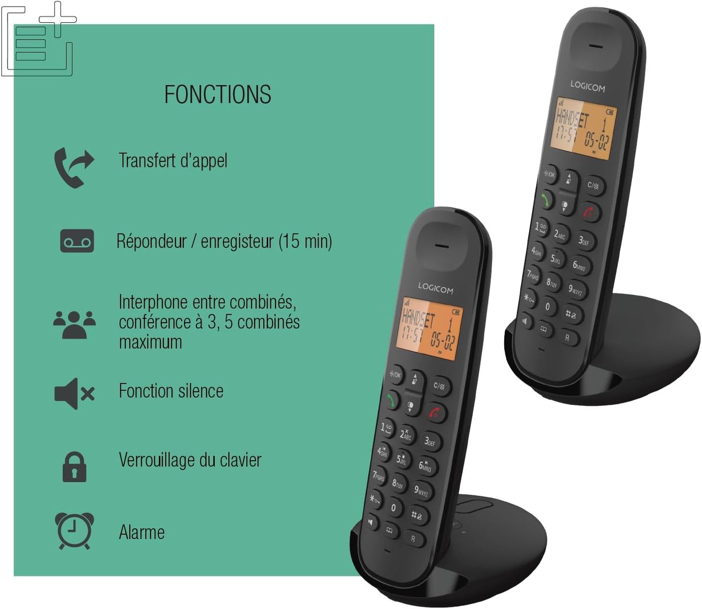 Logicom ILOA 255T Schnurloses Festnetztelefon Duo mit Anrufbeantworter, DECT/GAP, 7 Std Gesprächszeit, 90 Std Standby, Schwarz, EU Stecker