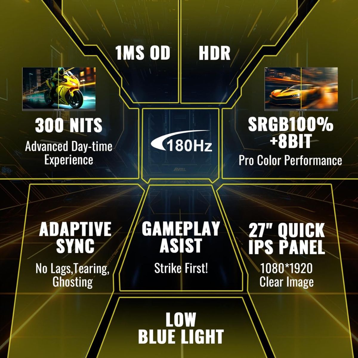 Minifire Gaming Monitor 27 Zoll, 180Hz, 1ms, AdaptiveSync, IPS, 2xHDMI 2.0/1xDP 1.4 Ports, FHD, sRGB 110%