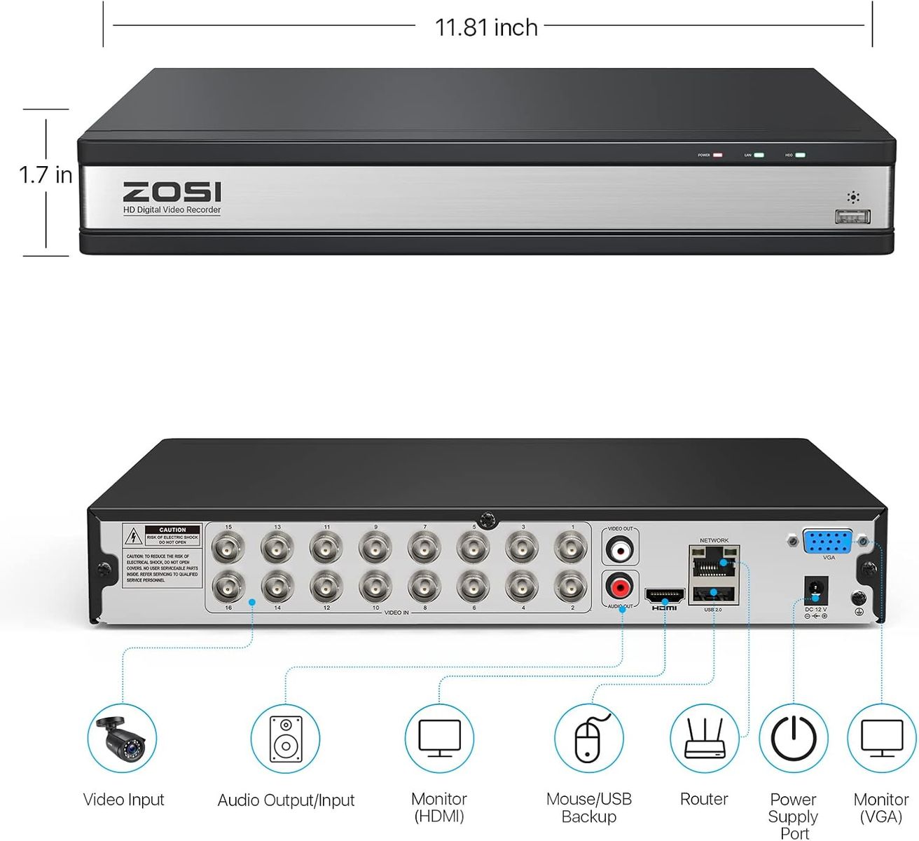 ZOSI 16CH 1080p DVR Recorder mit 2TB Festplatte, Hybrid 4in1 AHD CVI TVI CVBS H.265+ 2MP Receiver, Bewegungserkennung, App E-Mail Sofortwarnung