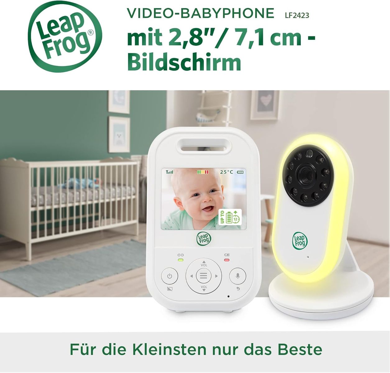 LeapFrog LF2423 Babyphone mit Kamera, 2,8" IPS-Display, 720p, Nachtsicht, 2x Zoom, Temperatursensor, Geräuschaktivierung, Gegensprechanlage, Lange Akkulaufzeit, EU