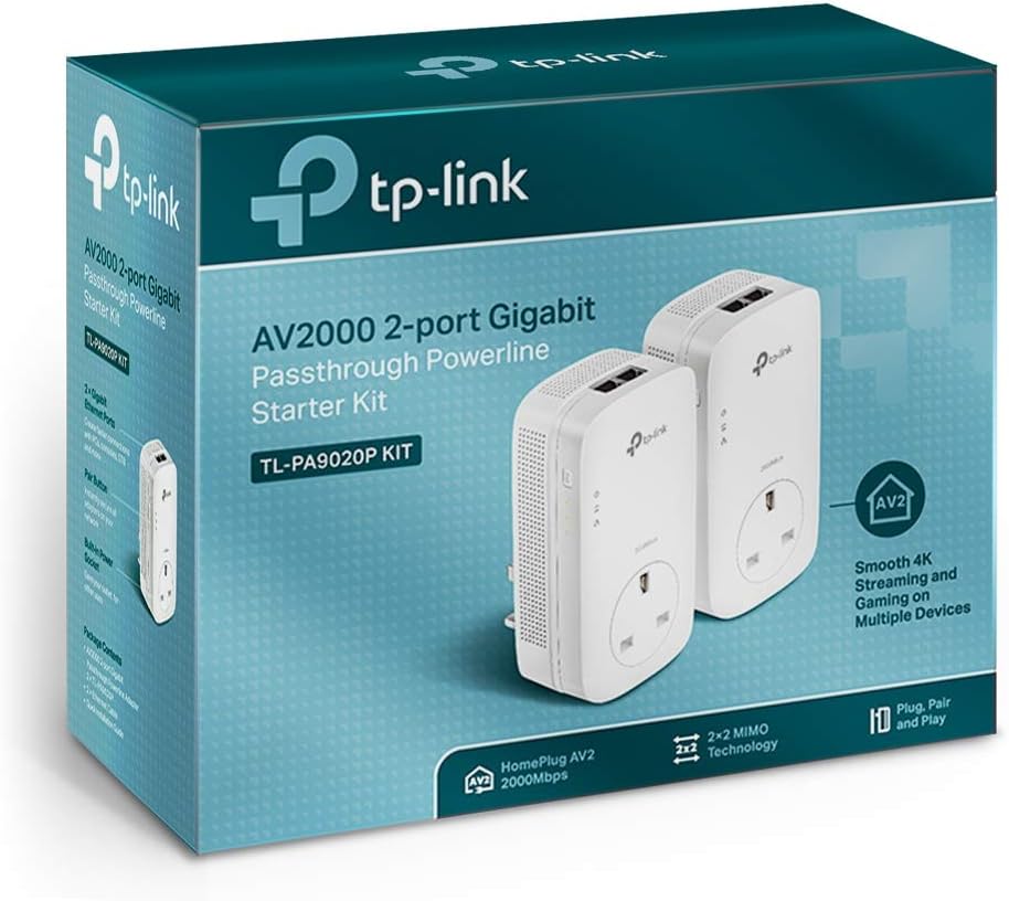 TP-Link TL-PA9020P KIT Powerline Adapter 2000 Mbit/s, Gigabit Ethernet, Integrierte Steckdose, 2x Gigabit-LAN, QoS, Weiß, UK Stecker, V4.0, 2er-Set