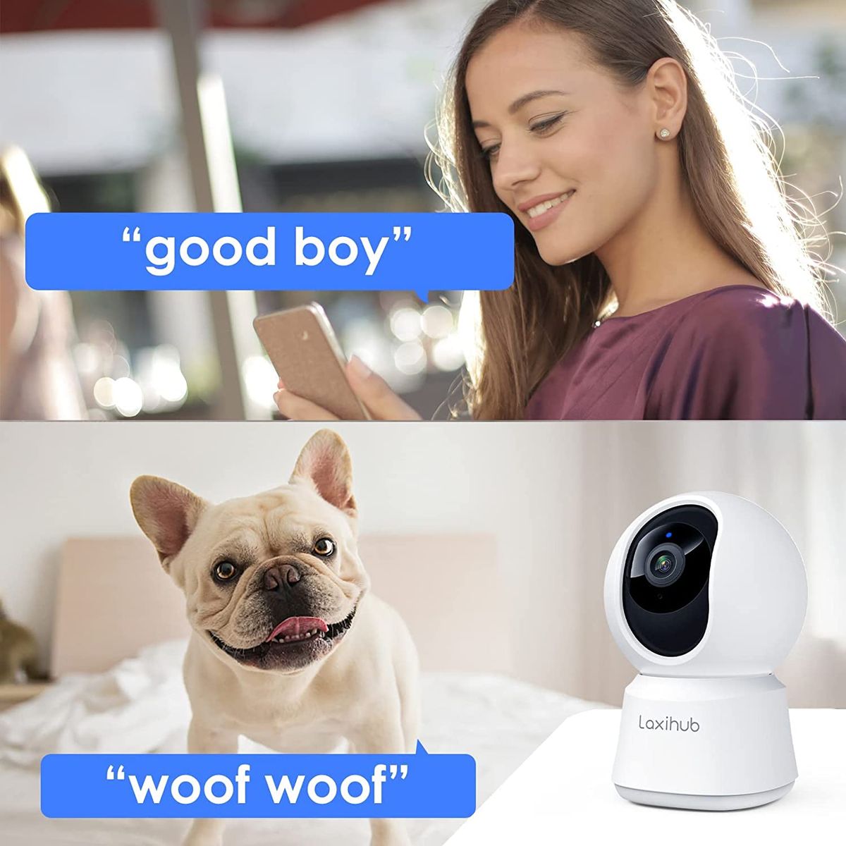 LAXIHUB Hundekamera Überwachungskamera Innen Kamera Hundekamera mit App WLAN 2,4 GHz Haustierkamera 1080P HD Nachtsicht 2-Wege-Audio Pet Security Camera Bewegungs- & Geräuscherkennung Alexa (1PC) 1 Stück