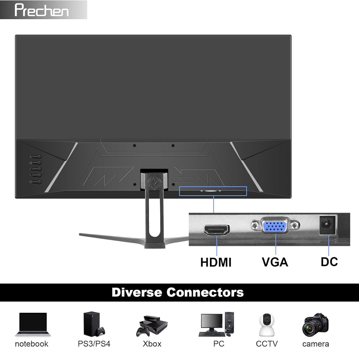 ‎Prechen 24 Zoll Ultra-Thin Bezel Computer Monitor FHD 1080P Business Monitor, LED PC Bildschirm Desktop Monitor, HDMI, VGA, 75Hz Gaming Display, 3000:1, Eye Care, VESA Mountable, Schwarz