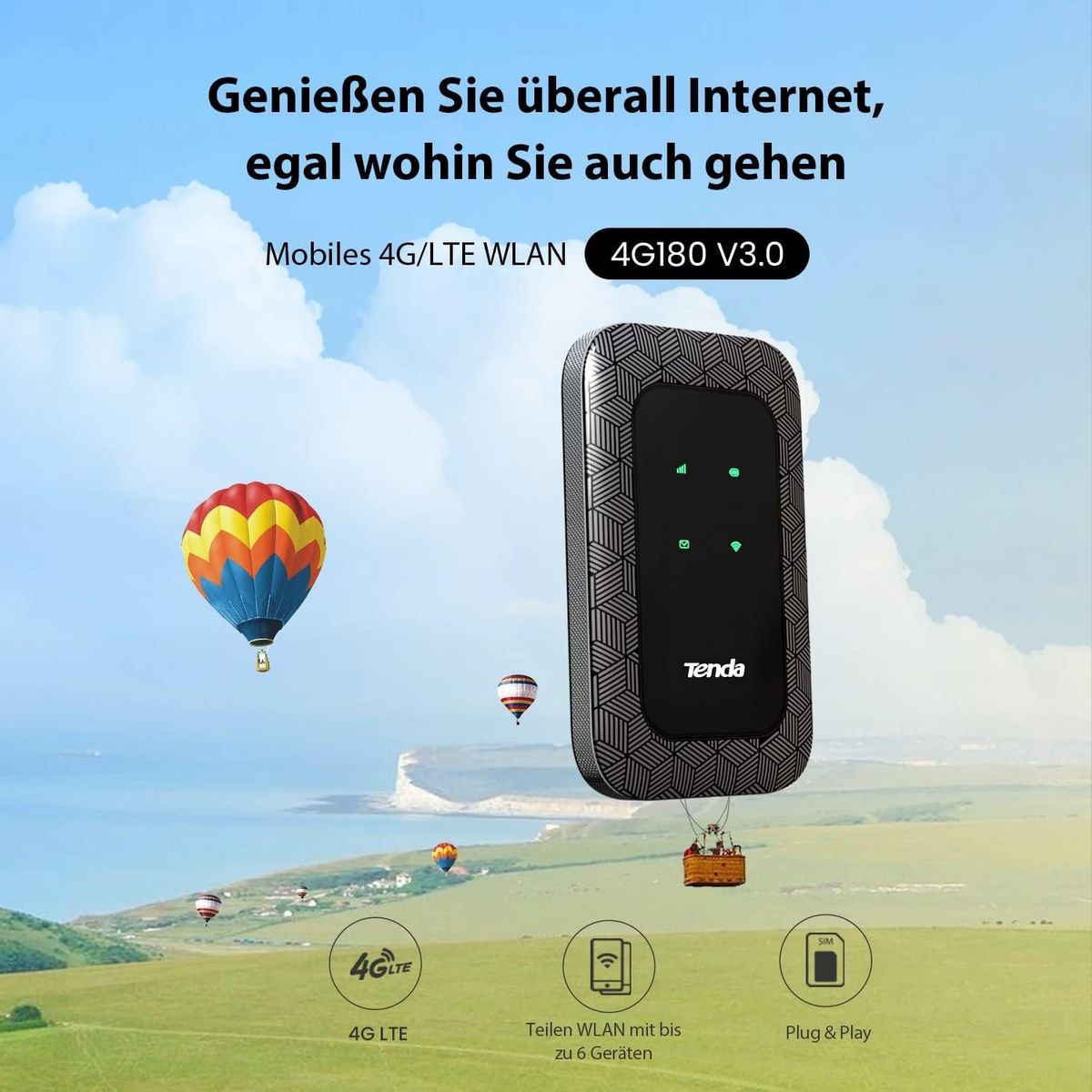 Tenda 4G180 Mobiler WLAN Router (4G/LTE bis zu 150/Mbit/s Download, 50Mbit/s Upload, Hotspot, Cat.4 Router), 2100mAh, Plug & Play, kompatibel mit Allen europäischen SIM Karten 4G180 Mobile Router