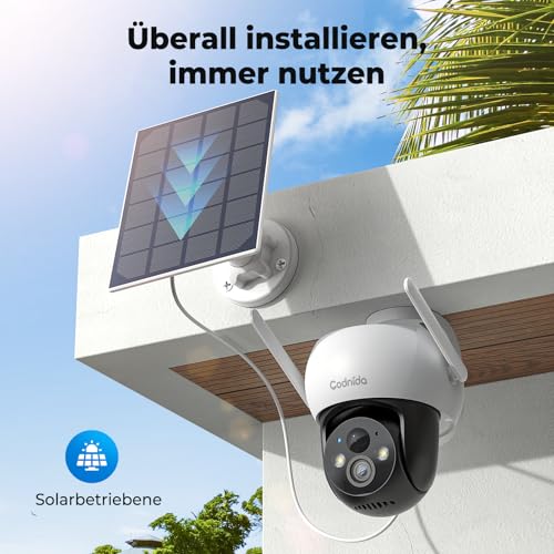 Codnida Q02 Außen Überwachungskamera Akku Solar, Kabellos WLAN PTZ 360° Schwenk-Neige, 2K Farbnachtsicht, PIR-Bewegungserkennung, 2-Wege-Audio, SD/Cloud