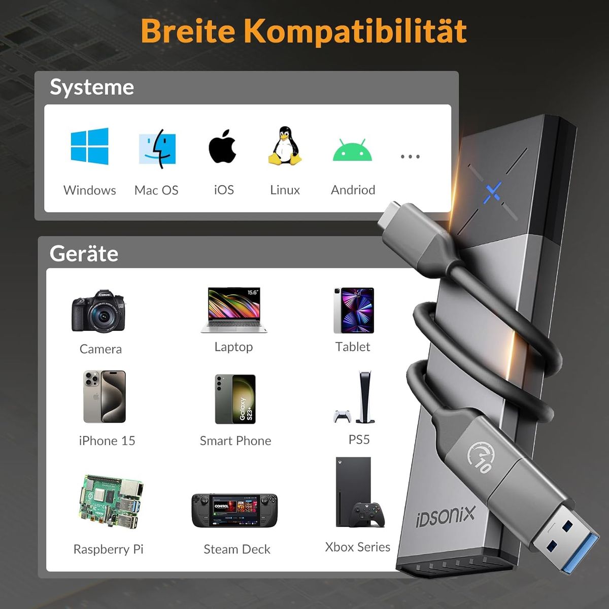 iDsonix M.2 [NVMe & SATA] SSD Gehäuse Adapter [Werkzeugfrei][Aluminium], NVMe zu USB 3.2 Gen 2 10Gbps, M.2 zu USB A&C Unterstützt M-Key/B+M Key, mit UASP Trim für 2230/2242/2260/2280 SSD Gris