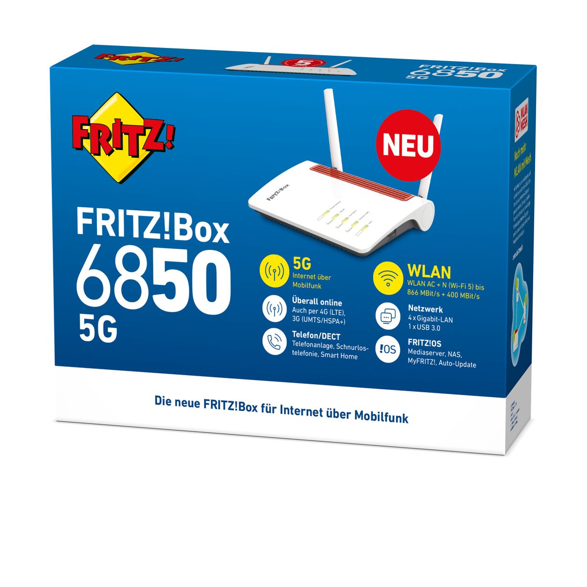 AVM FRITZ!Box 6850 5G Mobilfunk-Router, 5G/LTE, Gigabit Ethernet, Dual-Band (2,4 & 5 GHz), 4x LAN, SIM-Slot, DECT, Schwarz
