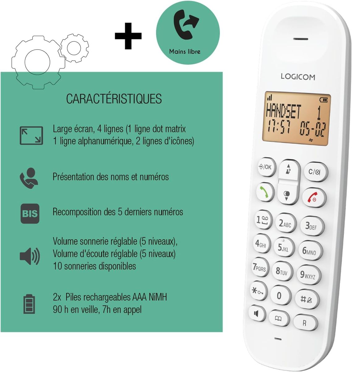 LOGICOM Schnurloses Festnetztelefon Iloa 150 Weiß, analoge und DECT-Telefone, 7 Std. Sprechzeit, 50 Kontakte, 10 Klingeltöne, Freisprecheinrichtung, Tastatursperre, Alarm