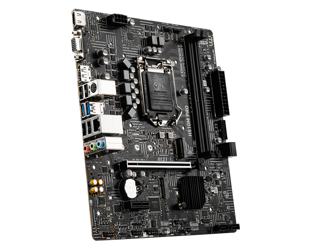 MSI H510M PRO Mainboard, Micro-ATX - unterstützt Intel Core Prozessoren der 11. Generation, LGA 1200 - 2 x DIMMs (3200MHz), 1 x PCIe 4.0 x16, 1 x M.2 Gen3, USB 3.2 Gen1, 1G LAN, HDMI 2.0b & DP 1.4