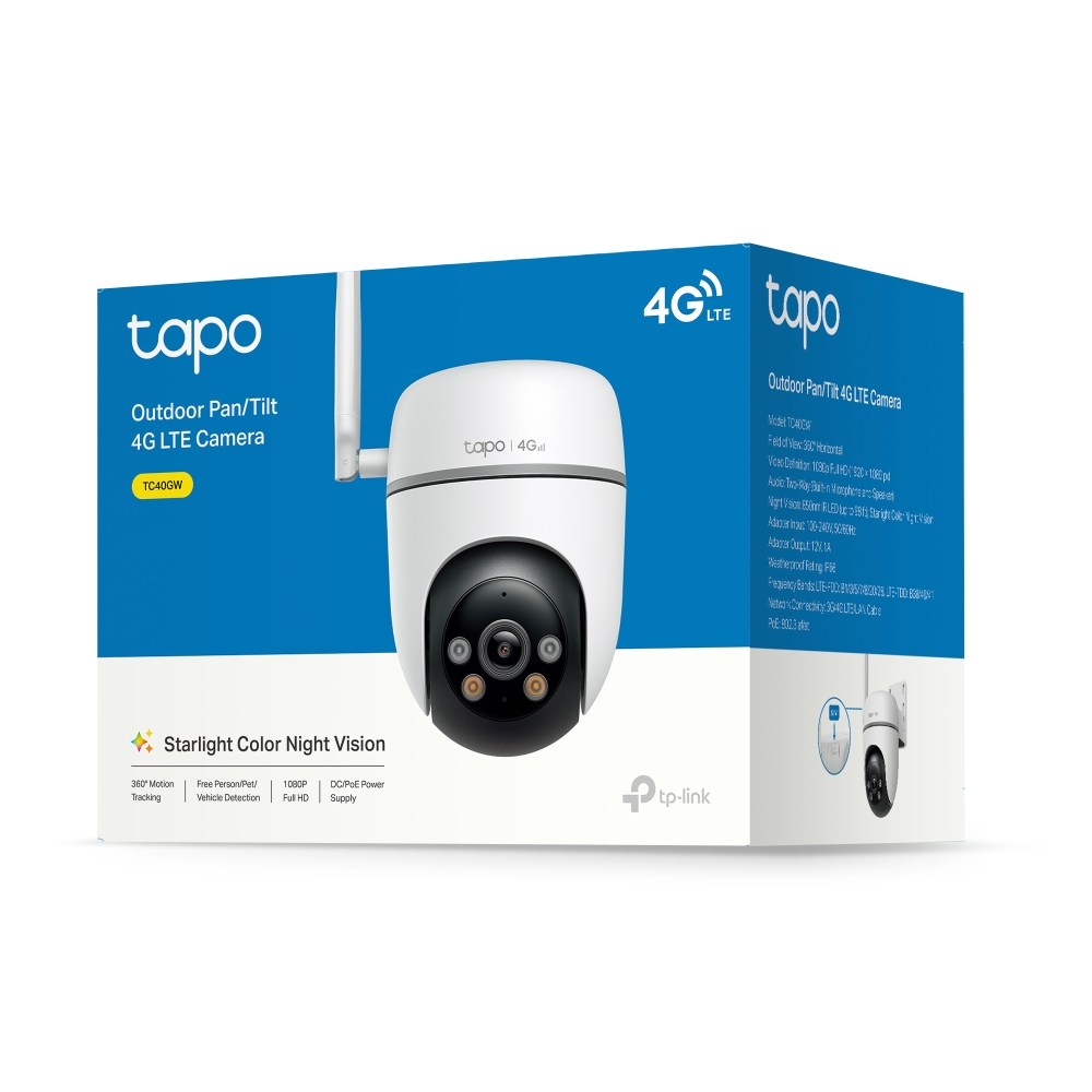 TP-Link TC40GW(EU) V1.0 Außen-Turret IP-Sicherheitskamera, Full HD 1080p, PoE & WLAN, 4G, IR-Nachtsicht 30 m, 2-Wege-Audio, MicroSD, IP66, Weiß